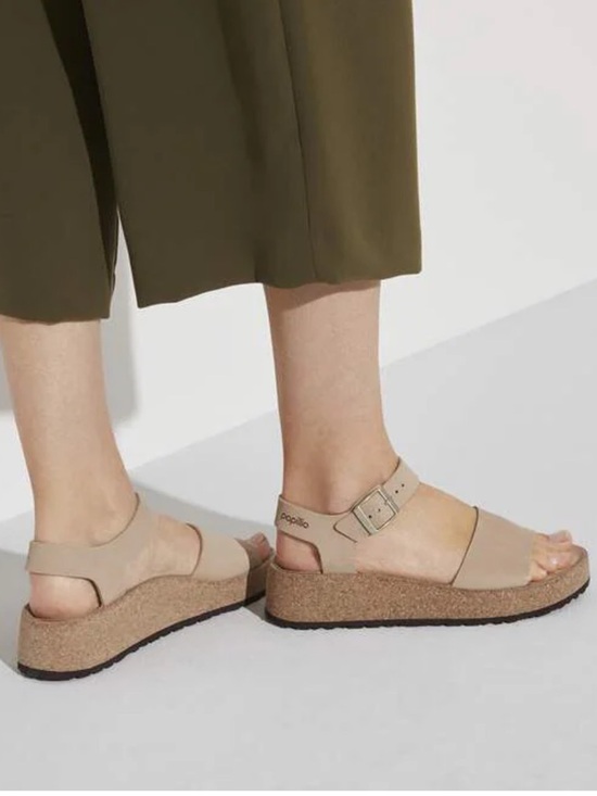 Birkenstock Shoes - Birkenstock Papillio Glenda Tan Cork Platform Sandals with Gold Buckle